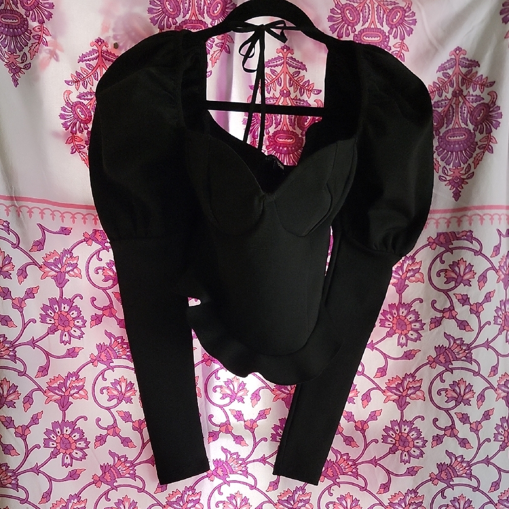 Fashion Nova Black Long Sleeve Backless Blouse